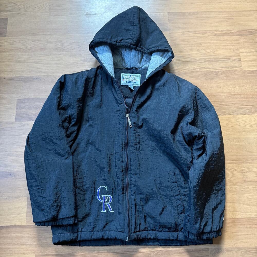 Men's Vintage 90's Starter Colorado Rockies Black Hooded Puffer Jacket Sz Medium